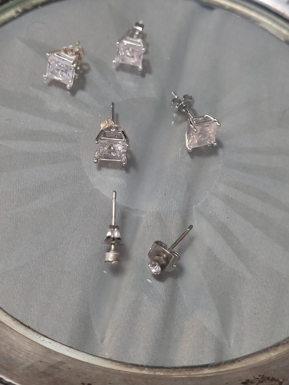 Classic Sterling Silver Cubic Zirconia Stud Earrings - Clear 3 Pairs
